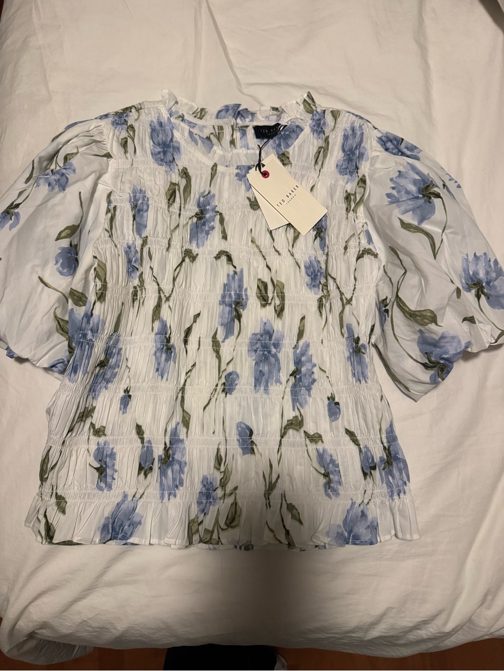 Ted Baker White Floral Smocked Blouse with Blue Blossoms - NWT